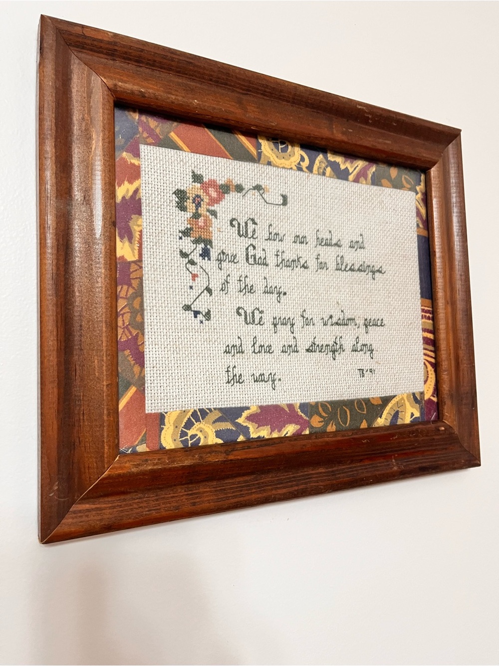 Framed Cross-Stitch Wall Art in Brown Wood Frame